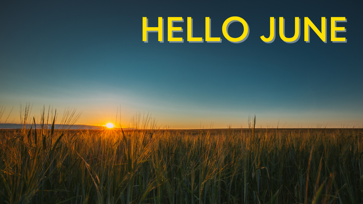 Hello June text in front of a sunset, blue skies